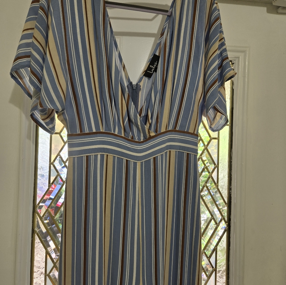 Lulu's Vacation Bae Brown/Blue/Wht Striped Jumpsuit Romper Sm. - Picture 5 of 7